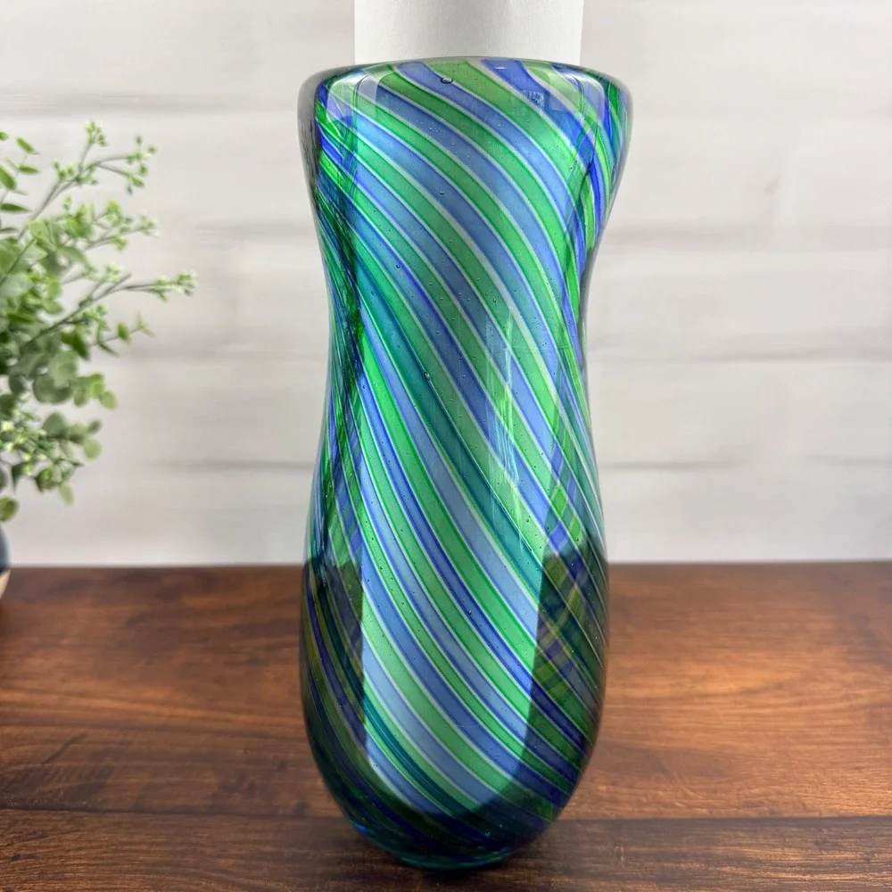 Italian Art Glass Vase Blue Green Striped Blown Glass Murano Mid Century